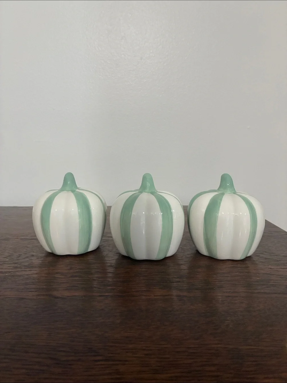 NWT- Set of 3- White & Mint Green Stripe Ceramic Pumpkins